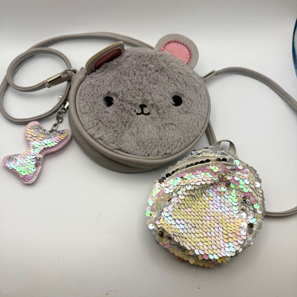 Girls Grey Plush Mouse Crossbody Bag Purse & Sequin Coin Pouch Keychain Lot